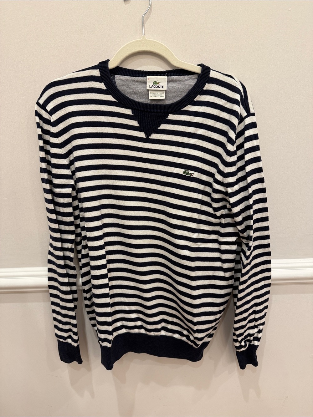 Lacoste Men’s Navy and White Striped Crewneck Sweater